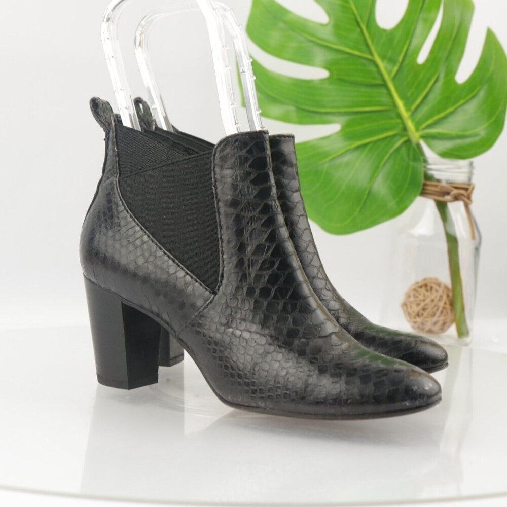 Johnston Murphy Womens Boot Size 8.5‎ Black Leather Snakeskin Block Heel Chelsea